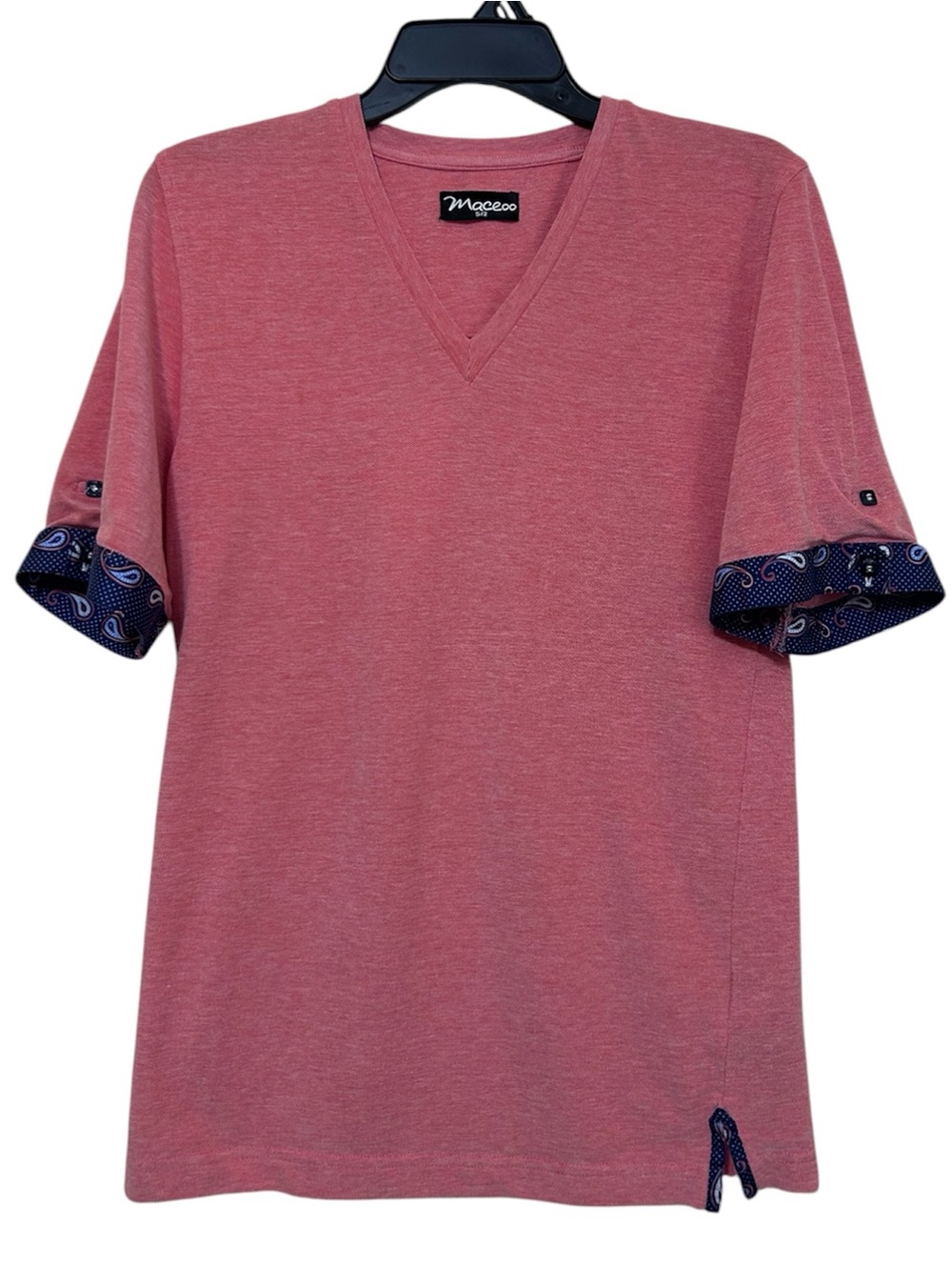 Maceoo Men's V-Neck T-Shirt Size S/2 Pink Coral Cotton Blend Paisley Trim